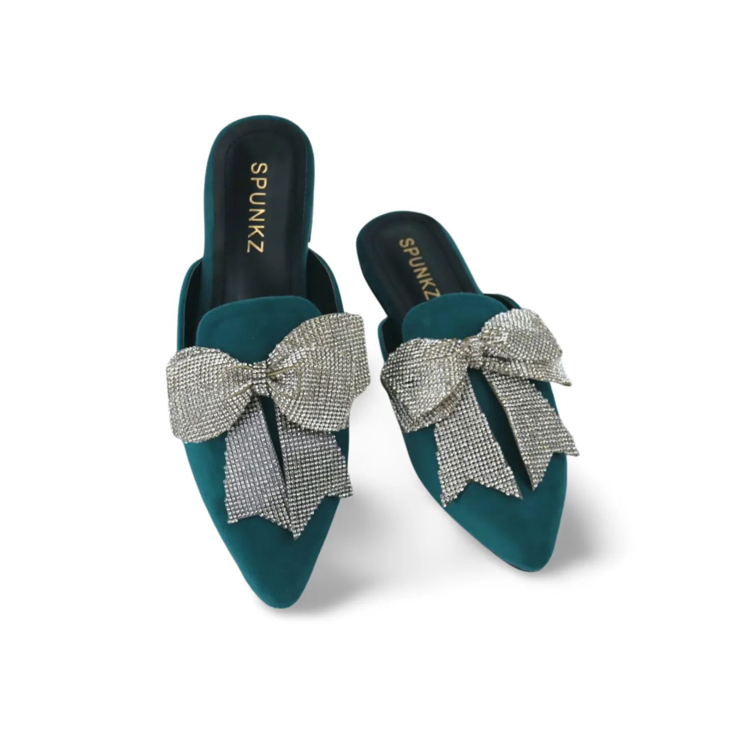 Beautiful Velvet Rhinestone Bow Pointed Toe Mules