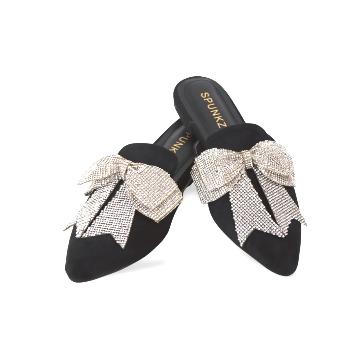 Beautiful Velvet Rhinestone Bow Pointed Toe Mules