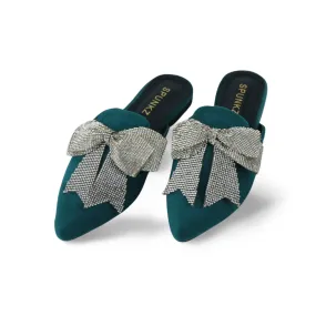 Beautiful Velvet Rhinestone Bow Pointed Toe Mules