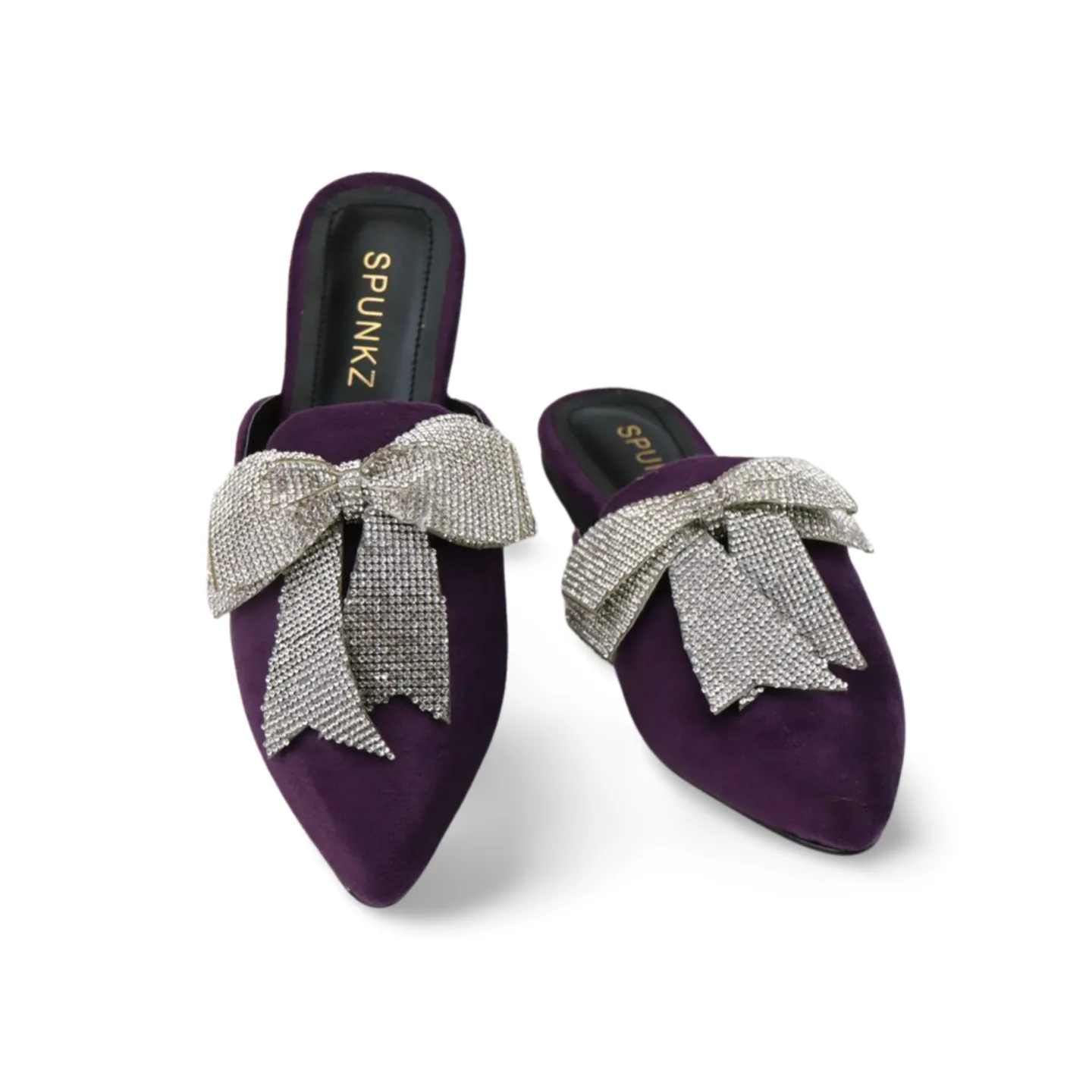 Beautiful Velvet Rhinestone Bow Pointed Toe Mules