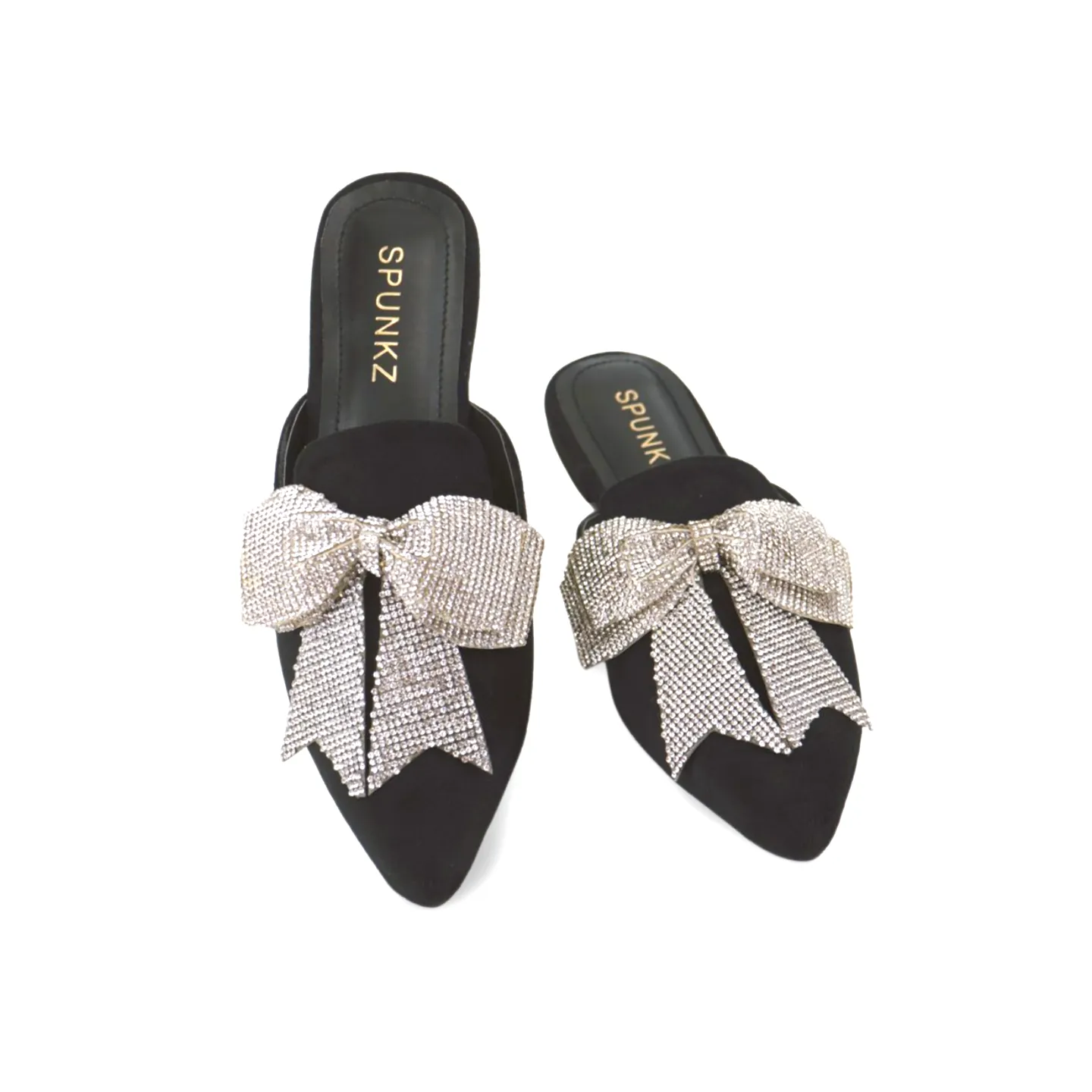 Beautiful Velvet Rhinestone Bow Pointed Toe Mules