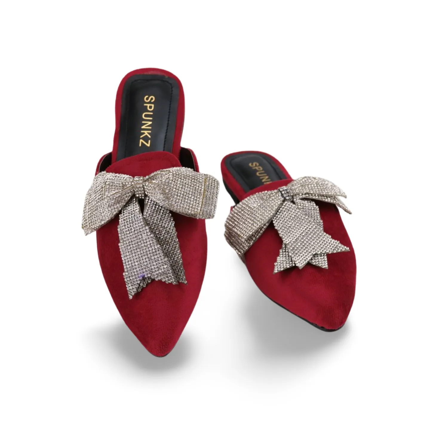 Beautiful Velvet Rhinestone Bow Pointed Toe Mules