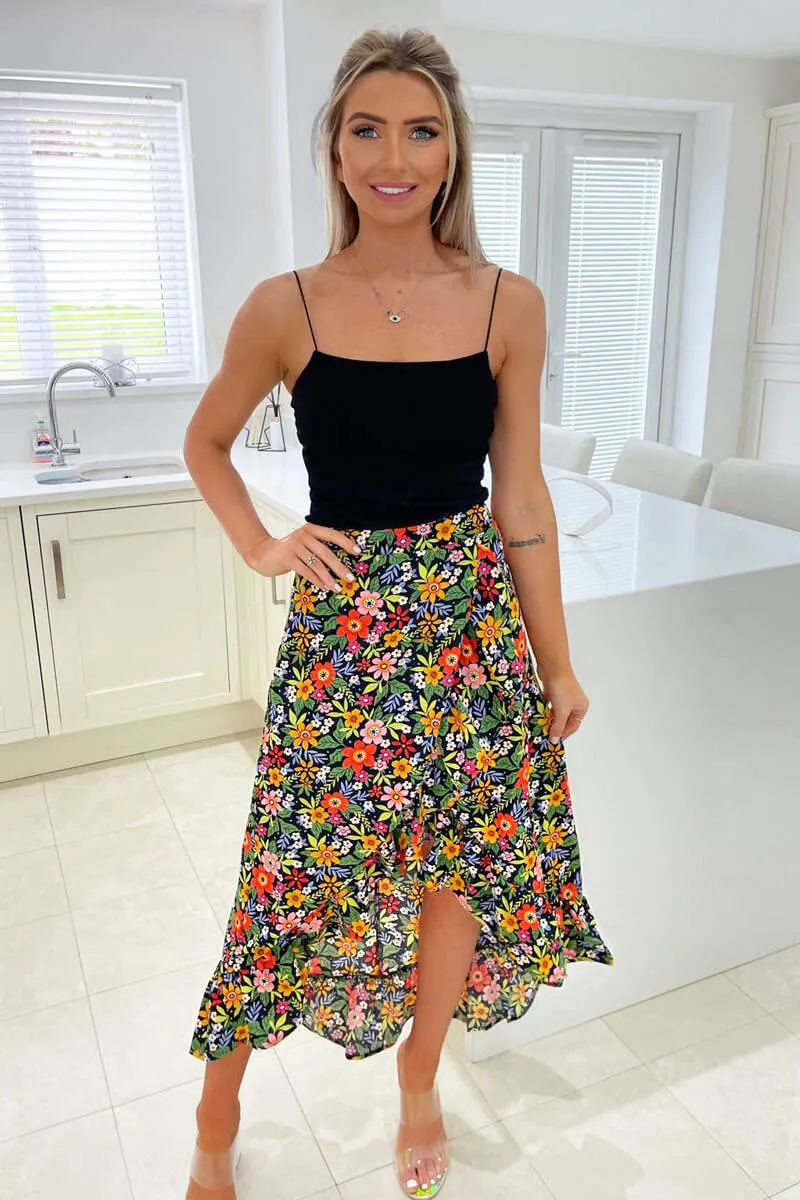 Black Bright Floral Printed Wrap Skirt