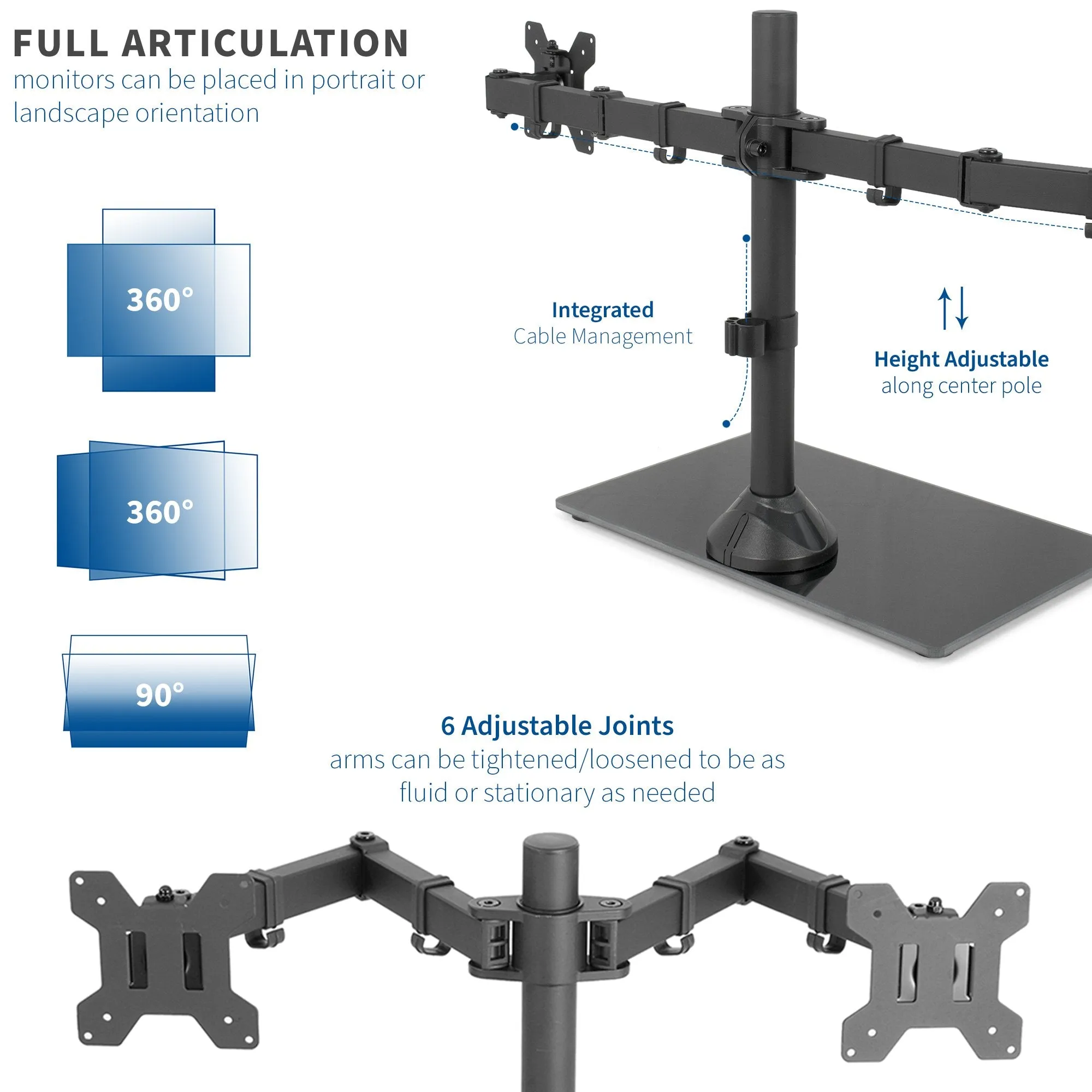 Black Dual Monitor Stand with Sleek Glass Base and Adjustable Arms