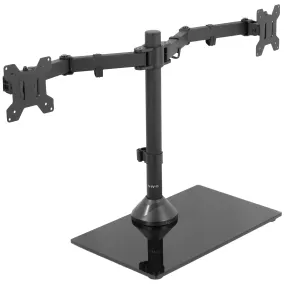 Black Dual Monitor Stand with Sleek Glass Base and Adjustable Arms