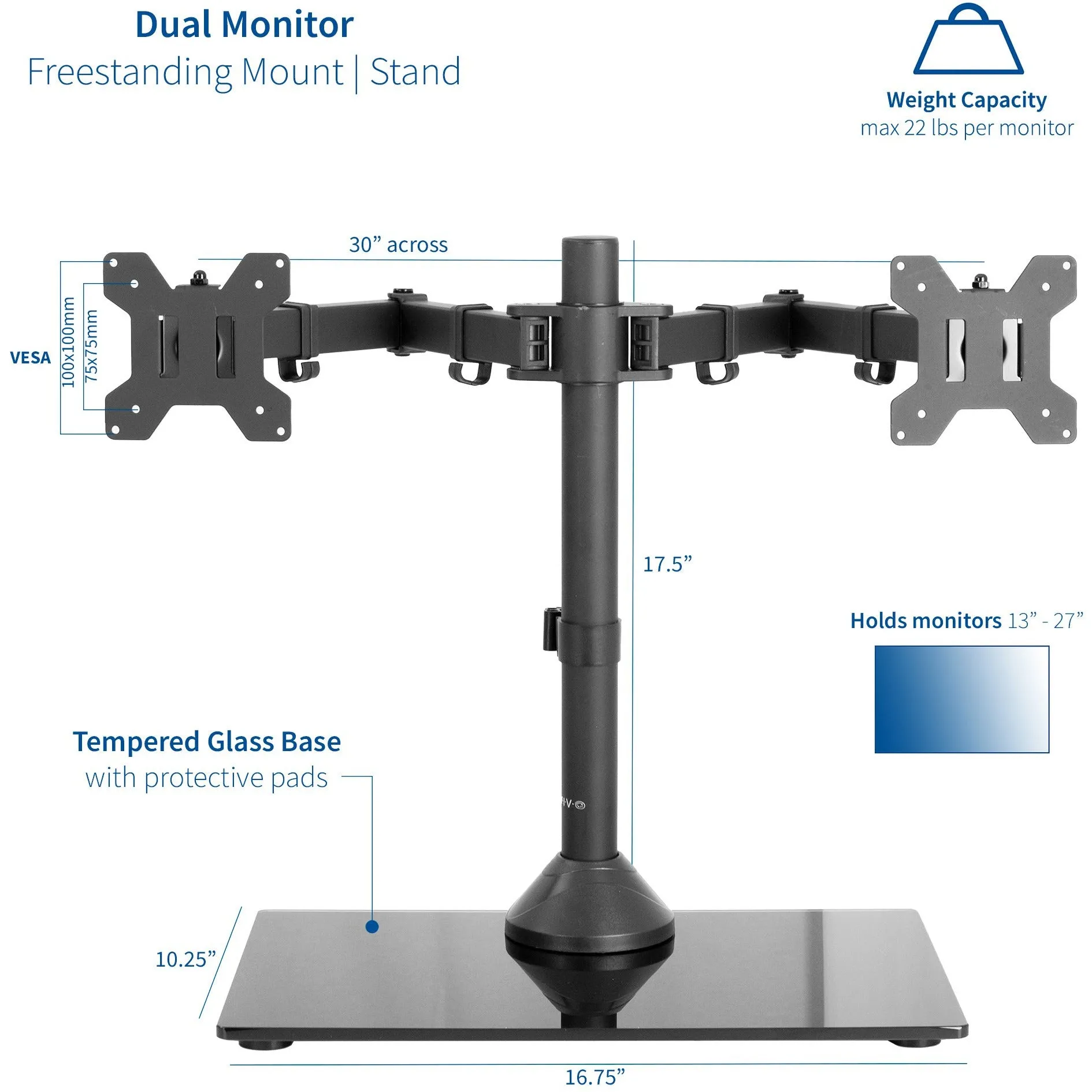 Black Dual Monitor Stand with Sleek Glass Base and Adjustable Arms