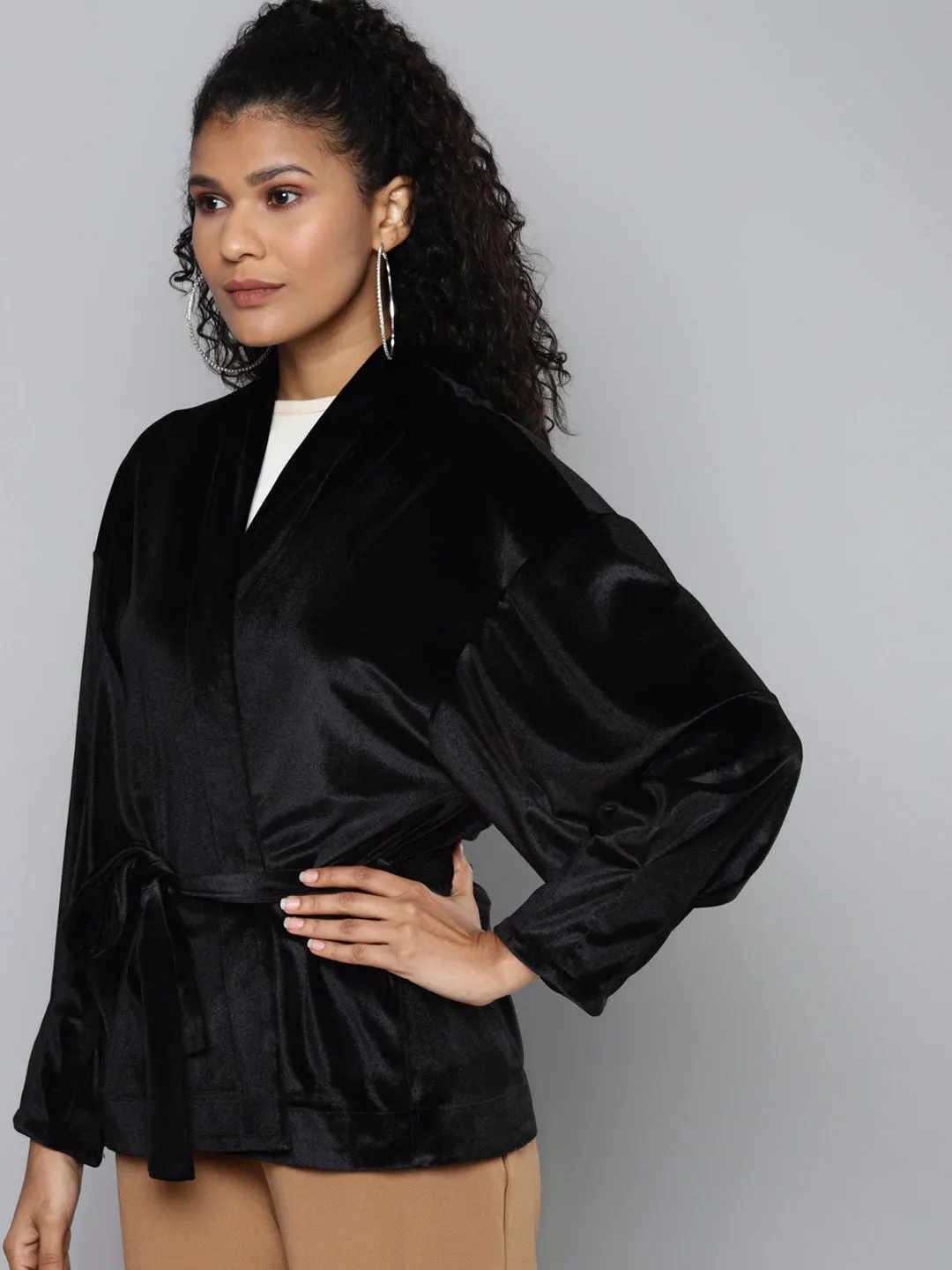 Black Velvet Open Belted Kimono Jacket