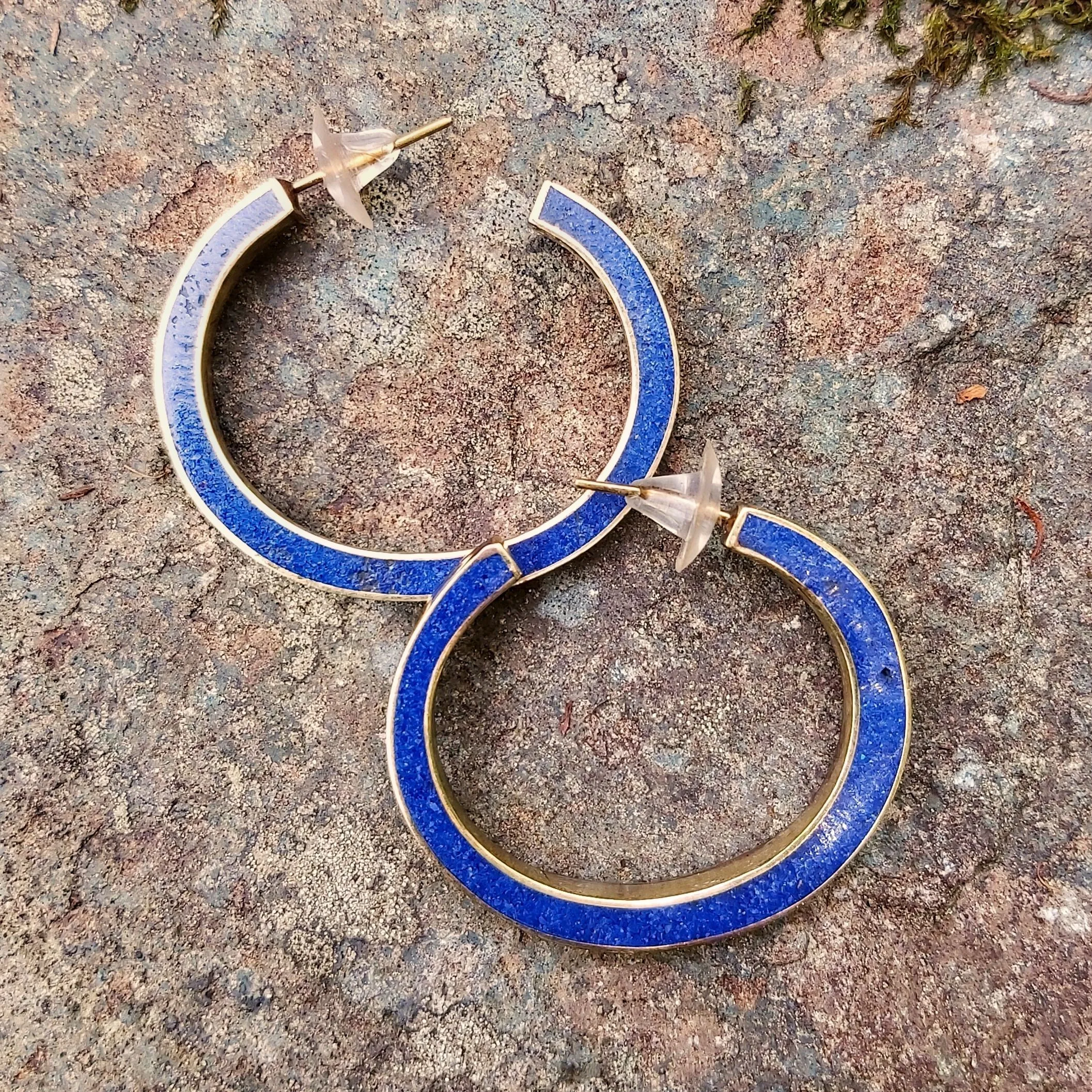 Bold Hoop Lapis and Brass Earrings