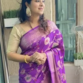 Bold Purple Banarasi Floral Jaal Saree