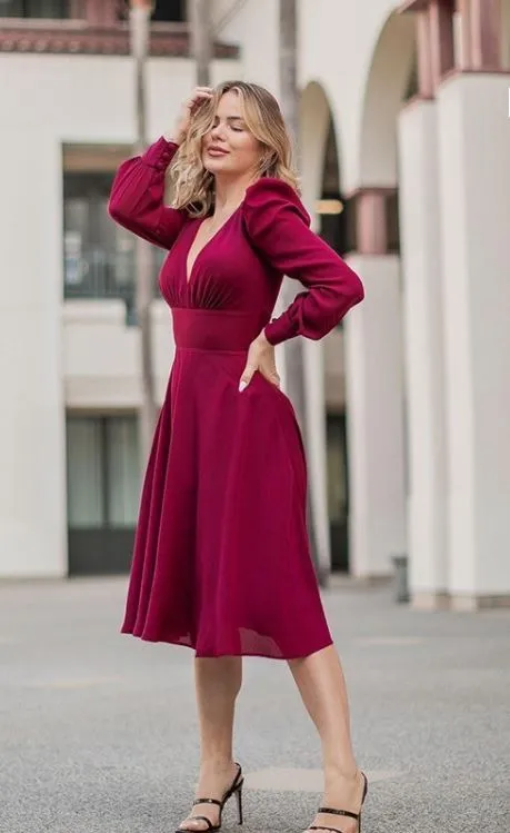 Burgundy Chiffon Midi Dress | Bella Chic