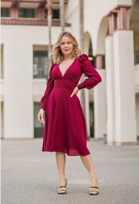 Burgundy Chiffon Midi Dress | Bella Chic