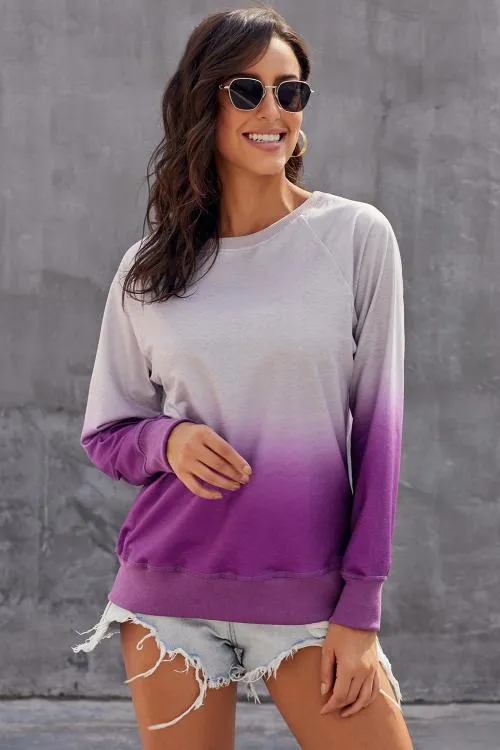 Chic Purple Ombre Crewneck Long Sleeve Sweatshirt