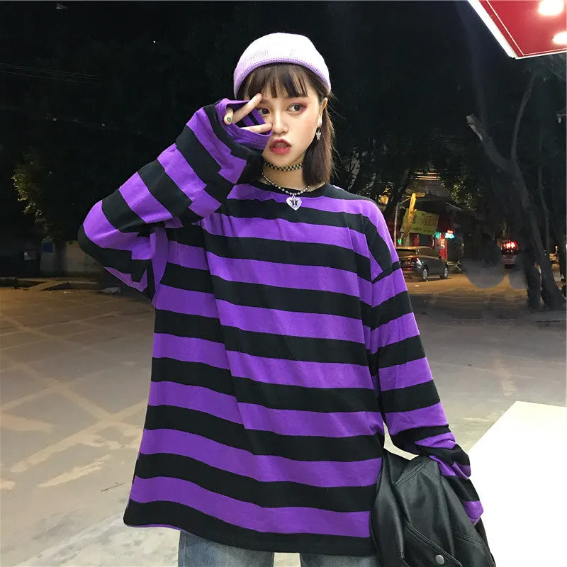 CHIC PURPLE STRIPE LONG-SLEEVE T-SHIRT BY22473