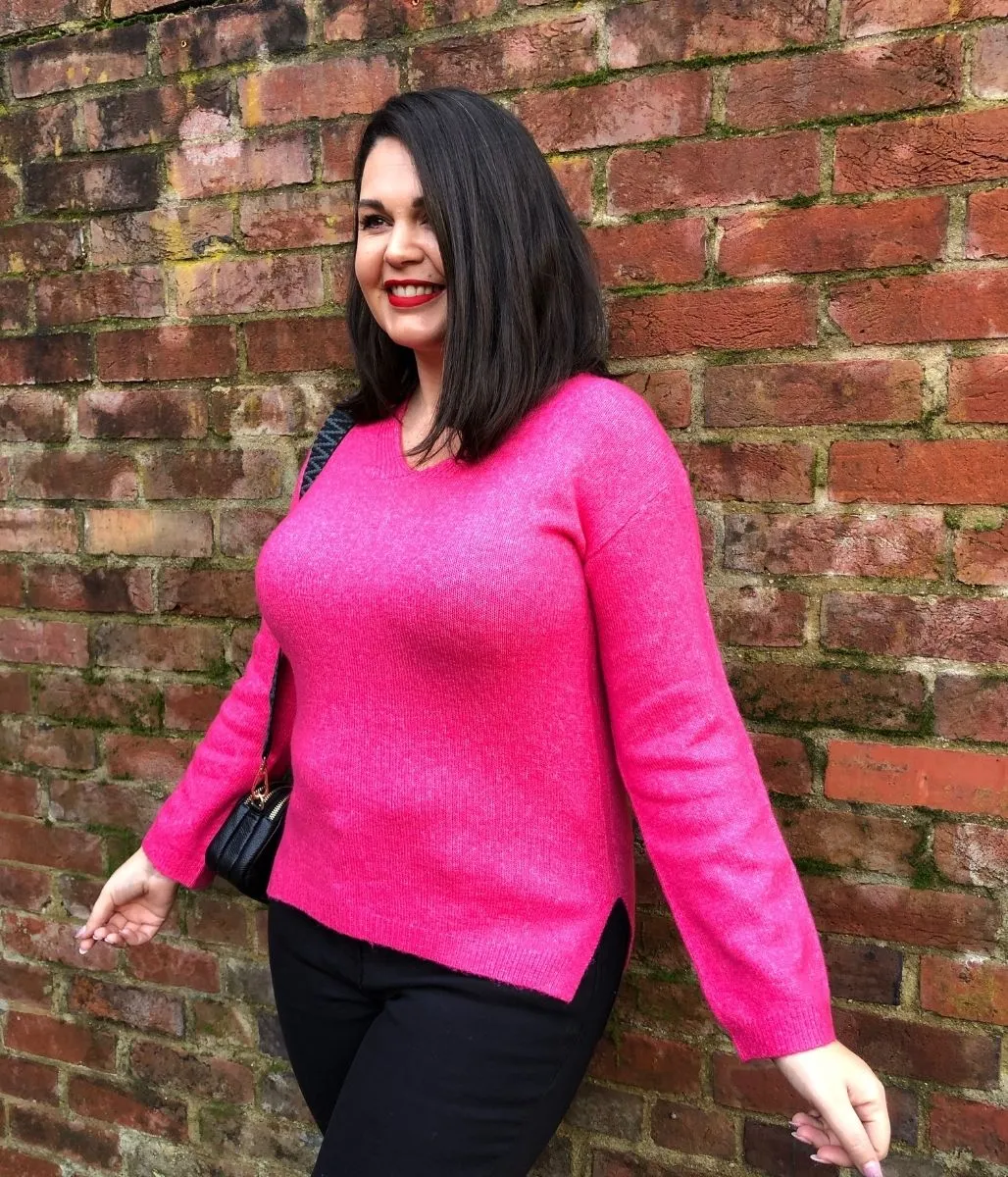 Hot Pink Relaxed V Neck Jumper