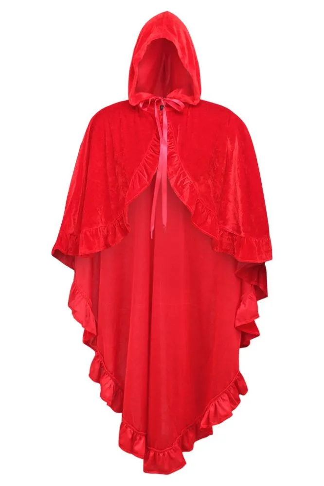 Red Velvet Hooded Ruffle Cape