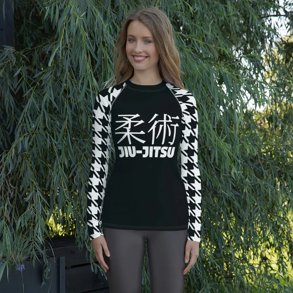 Sleek Sophistication: Women's Jiu-Jitsu Houndstooth BJJ Rash Guard Noir