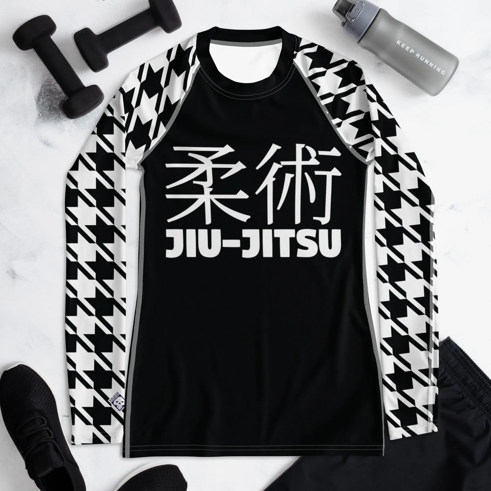 Sleek Sophistication: Women's Jiu-Jitsu Houndstooth BJJ Rash Guard Noir