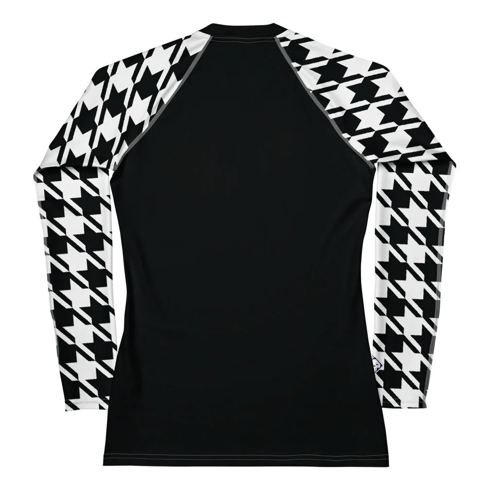 Sleek Sophistication: Women's Jiu-Jitsu Houndstooth BJJ Rash Guard Noir