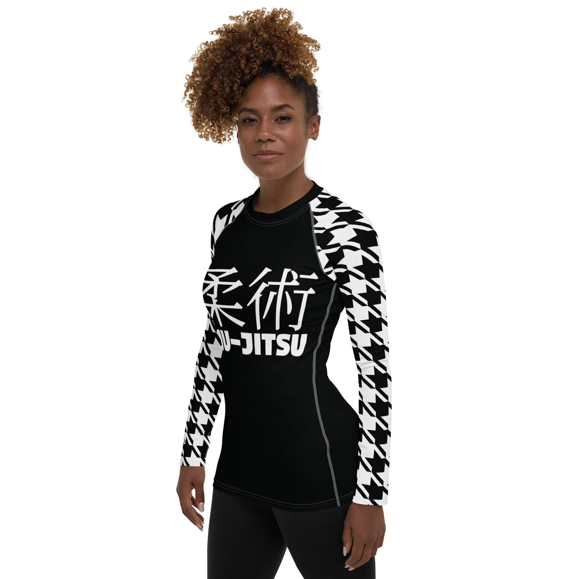 Sleek Sophistication: Women's Jiu-Jitsu Houndstooth BJJ Rash Guard Noir