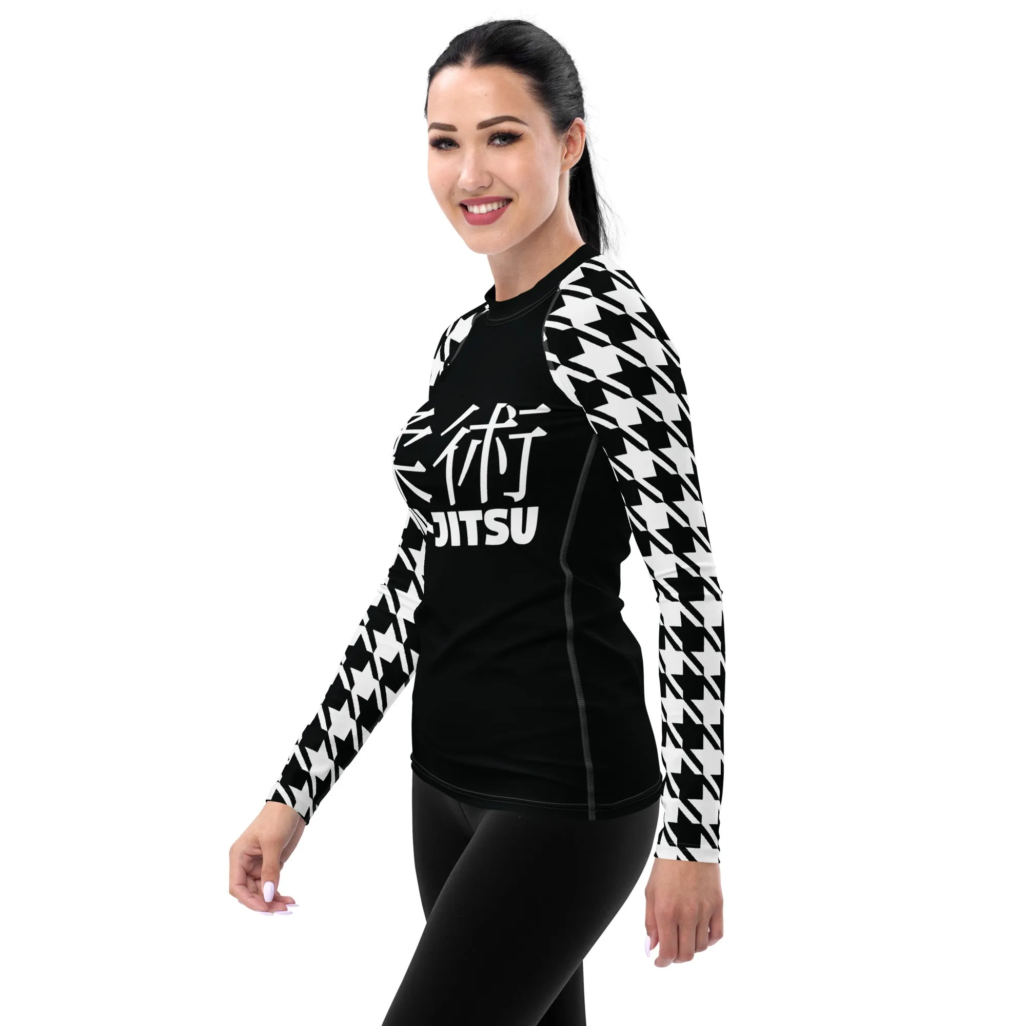 Sleek Sophistication: Women's Jiu-Jitsu Houndstooth BJJ Rash Guard Noir