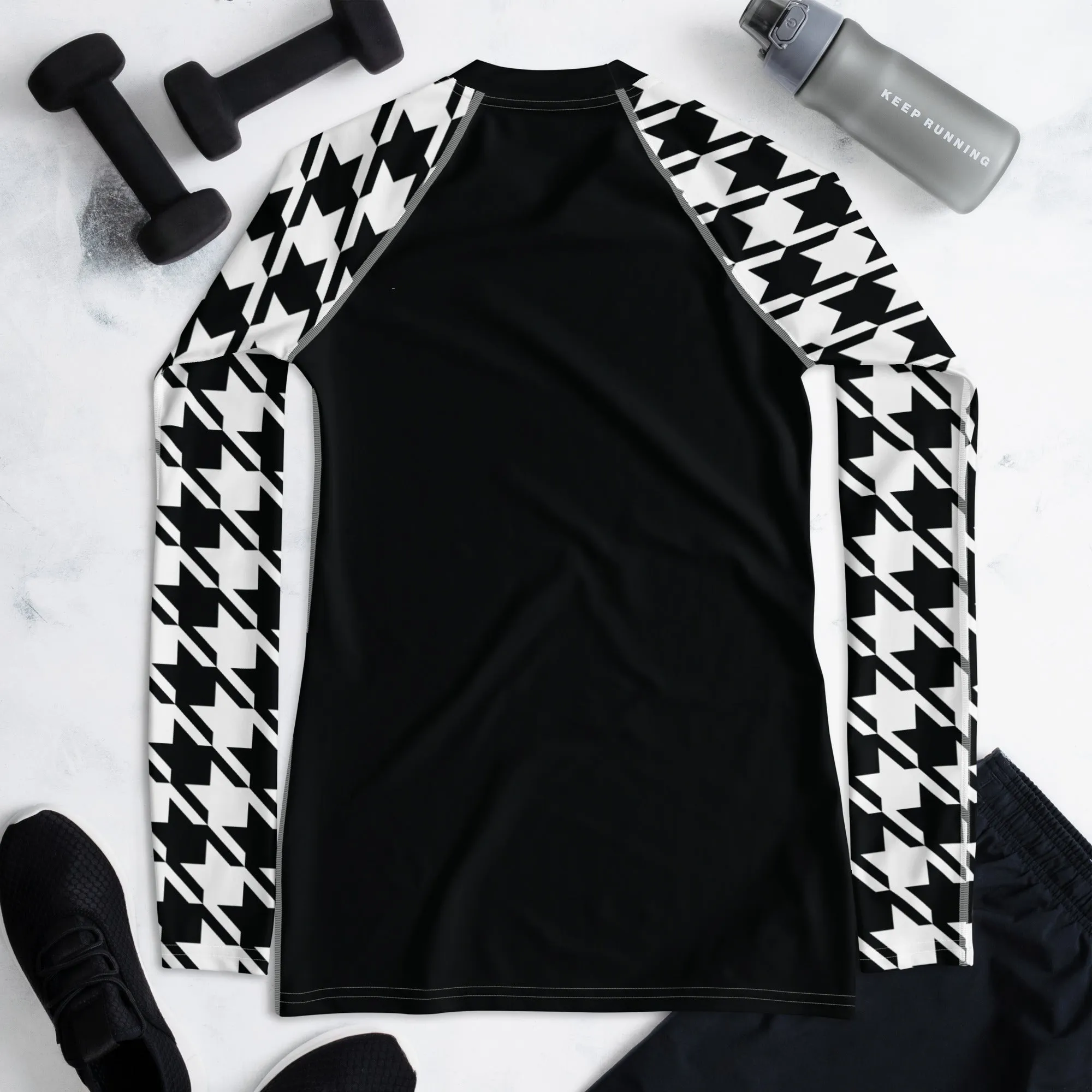 Sleek Sophistication: Women's Jiu-Jitsu Houndstooth BJJ Rash Guard Noir